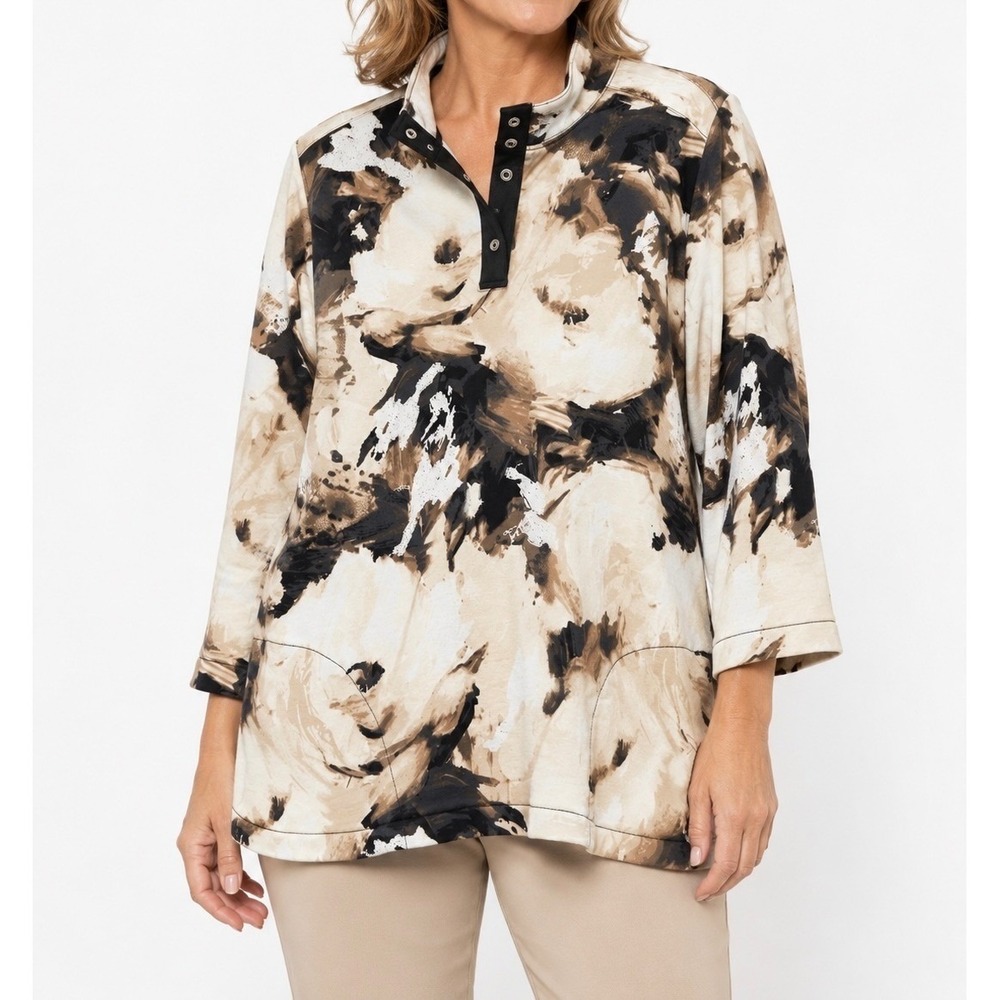 Sport Savvy Women Large Abstract Floral Snap Neck 3/4 Sleeve Tunic Top Tan Black